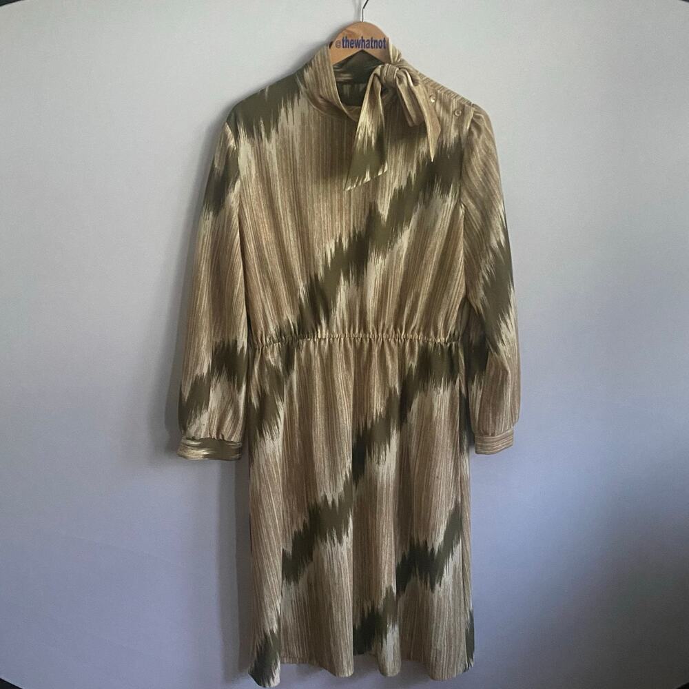 Vintage 70s Abstract Midi Dress High Neck Side Bow Olive Taupe M - Picture 9 of 17